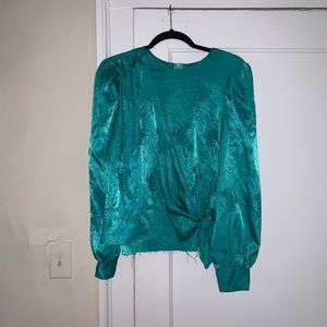 Classy silk teal shirt with floral design, Size 6